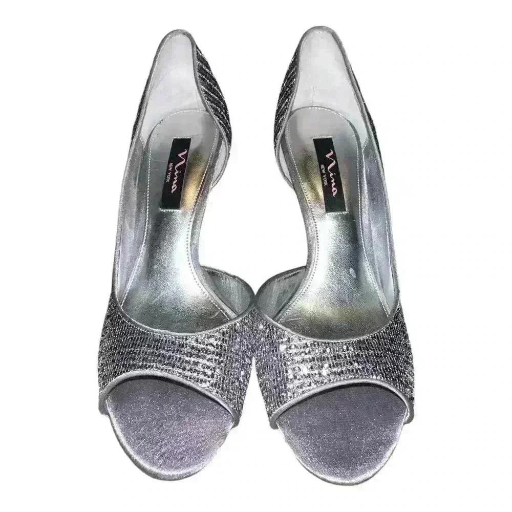 Nina Fern-GM Silver Sparkle Heel Pumps, Size 9.5